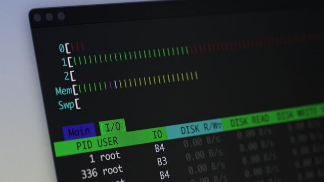 Digital screen displaying a dark terminal interface with real-time CPU, memory, and disk IO data, crucial for IT infrastructure management