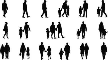 Silhouette vector illustration of parents walking with children showing family love, parenting unity, togetherness, lifestyle, and caring relationship concept design