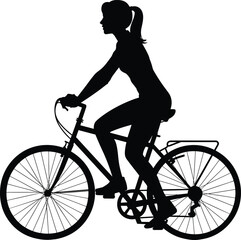 Obraz premium Silhouette, cyclist, riding, bicycle, black, isolated, transportation, fitness, leisure, outdoors, motion, urban, sport, healthy, lifestyle, minimal, graphic, vector, shadow, person