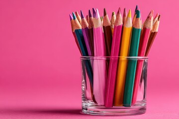 Sharpened colorful pencils in a glass on a vibrant pink background.