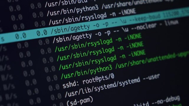 Digital screen displaying complex green programming code and active system logs with a highlighted command, crucial for software development and cybersecurity tasks