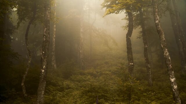 A serene mountain landscape in Cantal covered by thick morning fog, creating a tranquil and atmospheric setting in nature, perfect for peaceful and calming visual storytelling, in 16:9 FullHD, 10 sec.