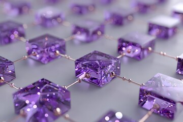A sophisticated 3D render of interconnected glowing purple crystal cubes.