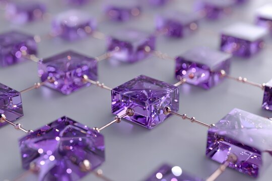 A sophisticated 3D render of interconnected glowing purple crystal cubes.