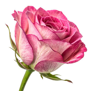 Close up of a pink rose with dark pink edges and green stem flower bloom