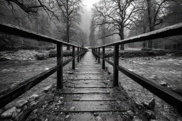 Fototapeta premium A wooden bridge spans a misty river in a stark monochrome winter forest landscape.