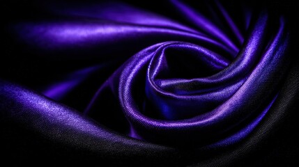 Obraz premium A luxurious deep purple satin fabric is dramatically swirled to showcase its smooth texture and rich color against a dark background.
