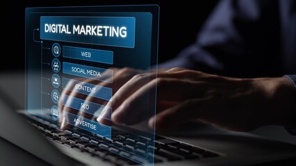 Digital marketing strategy broken down into categories: web, SEO, content, social media, and advertise. Digital tools enhance online marketing success across digital platforms. Muxer