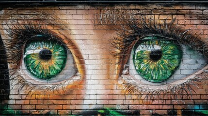 Detailed graffiti art depicts a pair of striking green eyes on a weathered brick wall in a unique urban artistic expression piece.
