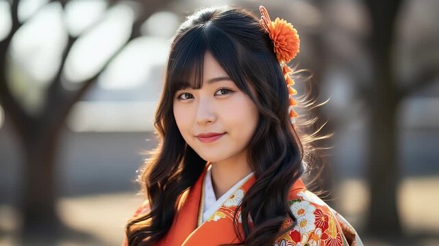 Young Asian woman wearing traditional orange kimono with floral pattern and hair ornament outdoors