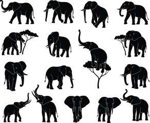 Elephant silhouette collection, wildlife vector art, African animal shapes, nature illustration, black elephant icons, tree interaction, safari design elements