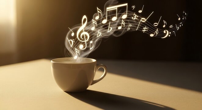 Coffee Cup with Musical Notes Rising as Steam.
