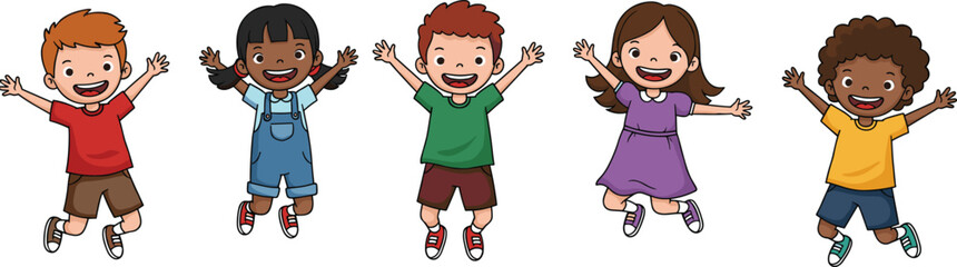 Happy diverse children jumping with joy, cartoon kids celebrating together, flat vector illustration of playful childhood fun and friendship