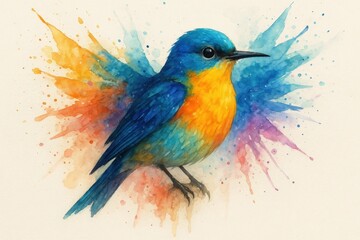 Obraz premium Latvia, Kandava, 2025-08-23, Latvijas kauss A vibrant bluebird in flight, captured amidst a cascade of colorful watercolor splashes