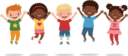 Happy diverse children raising hands, cartoon kids group illustration, multicultural joyful boys and girls smiling together, inclusive design, flat vector