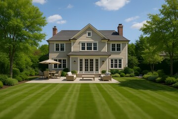Elegant Professional Home Courtyard with Manicured Lawn and Patio Seating