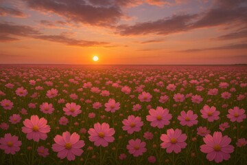 Fototapeta premium Latvia, Kandava, 2025-08-23, Latvijas kauss A Field of Pink Cosmos Basking in the Sun's Glow