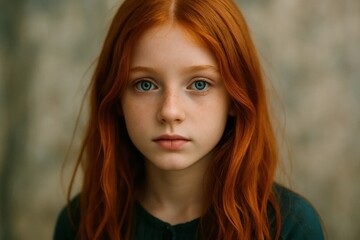 Fototapeta premium Latvia, Kandava, 2025-08-23, Latvijas kauss A young girl with fiery red hair stands before a textured backdrop, her eyes reflecting a world beyond the frame
