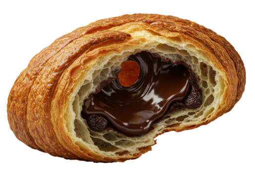 Dynamically torn pain au chocolat, molten dark chocolate oozing from ultra-flaky golden pastry, crumbs cascading, steam rising on transparent, concept of indulgent pastry and decadence