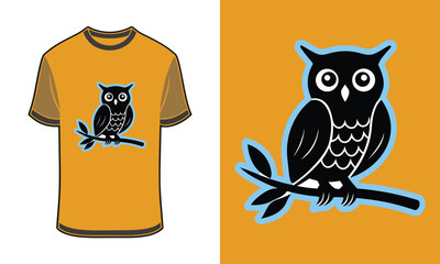Tshirt mockup owl silhouette with blue outline perched branch graphic vector