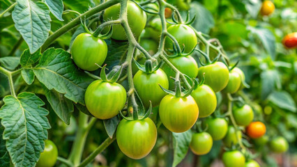 Fresh green tomatoes growing abundantly on a vine in a garden