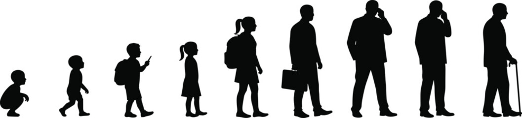 Human life stages silhouette from baby to elderly, aging progression concept, people development timeline, generational growth illustration, flat vector