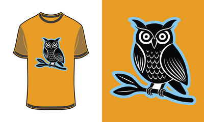 Tshirt mockup owl with blue outline perched branch graphic orange bird