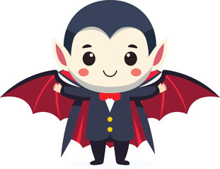 Cartoon illustration of a cute, smiling vampire with black hair, a red bow tie, and bat wings.