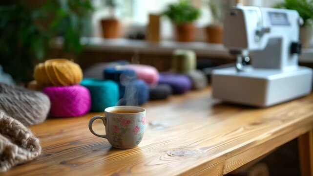 Wooden table in a textile studio cluttered with a tufting gun colorful yarn skeins a sketchbook with floral doodles and a steaming mug textile workshop setup creative
