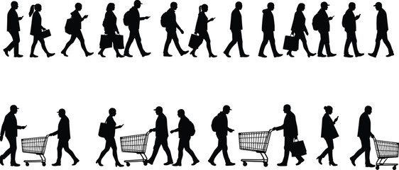 Silhouette vector illustration of people walking, shopping, and pushing carts, representing modern urban lifestyle, retail activity, and daily city movement