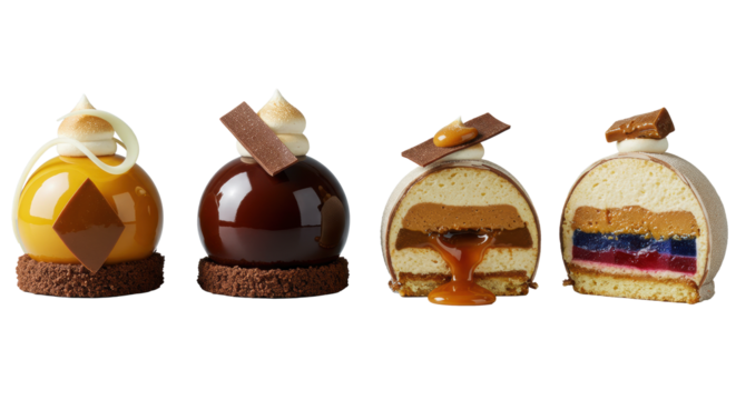 Four architecturally inspired dessert towers, one cut revealing mirror glaze, gooey caramel, mousse, sponge, jelly on transparent studio background, dramatic high-contrast light. Culinary artistry