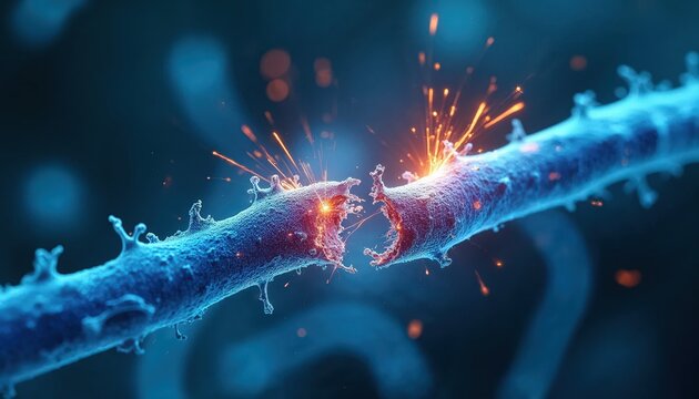 Microscopic View of a Severed Nerve Fiber with Electrical Sparks and Blue Bioluminescence in a Dark Background