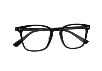 Extreme close-up macro of modern black eyeglasses with thick, glossy rectangular rims, isolated on transparent with soft shadow under dramatic studio light, concept of high-end design