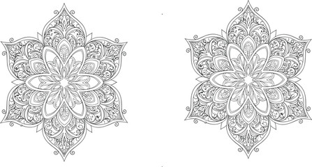 Mandala floral design, symmetrical ornament, decorative pattern, intricate line art, coloring page, spot difference, flat vector, radial symmetry, abstract art