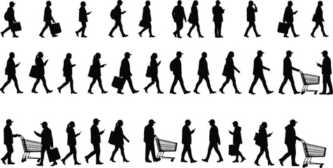 Silhouette vector illustration of people walking, using mobile phones, carrying shopping bags, and pushing carts in modern urban lifestyle scene