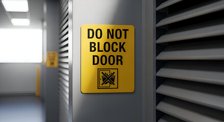 A Yellow Sign With Notice To Avoid Blocking The Doorway For Safety Reasons