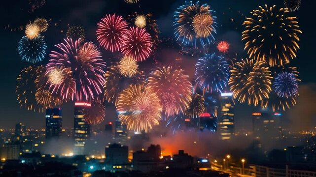 Vibrant City Night Sky Fireworks Display for Diwali and Festive Celebrations
