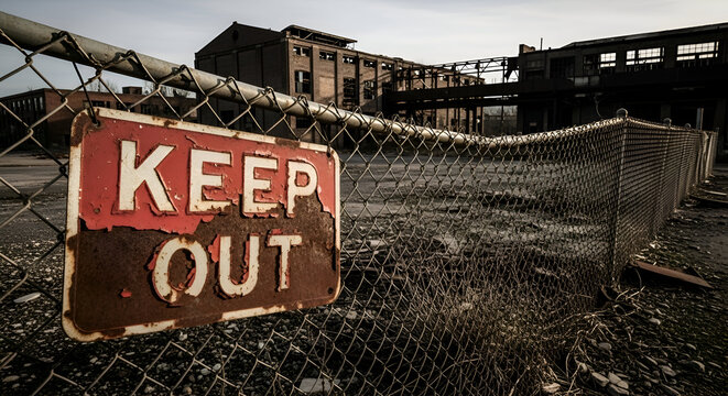 Abandoned Industrial Site With Keep Out Sign Against Moody Atmosphere