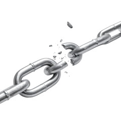 Close-up of a silver chain breaking apart, fragments scattered. Isolated on a black background