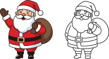 Santa Claus waving with gift sack, Christmas character illustration, holiday icon, festive design, flat vector, coloring page, winter celebration