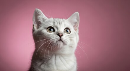 Adorable scottish straight kitten looking up on a pink background