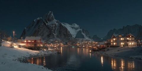 Naklejka premium Night Scene of Lofoten, Norway in Winter with Snow and Northern Lights