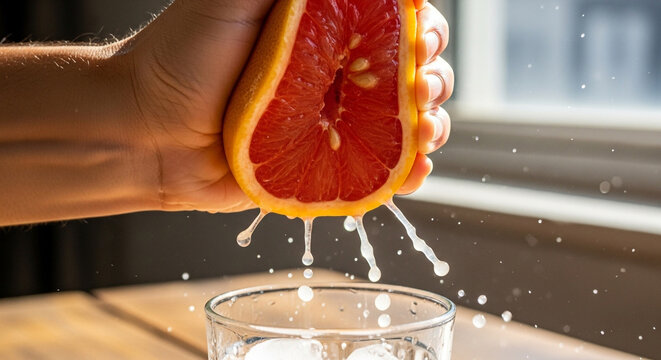 Close up of a hand squeezing a grapefruit over a glass with ice, capturing the burst of juice and the refreshing essence of a citrus drink