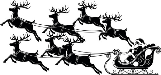 Santa Claus sleigh with flying reindeer, Christmas silhouette illustration, festive holiday vector, black and white seasonal graphic, traditional winter celebration artwork