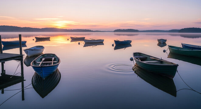 Peaceful sunrise over a calm lake with several small boats floating on the water, creating a serene and tranquil scene at dawn with a colorful sky