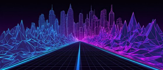 A futuristic grid road stretches toward a neon cityscape with mountain terrain in vibrant blue and purple hues on a dark background.