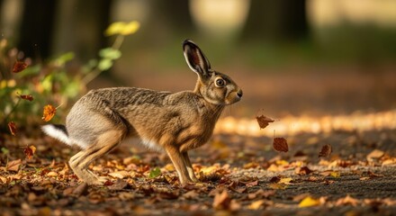 Fototapeta premium A hare running on a forest path with autumn leaves in the air.