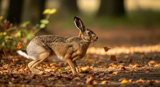 A hare running on a forest path with autumn leaves in the air.