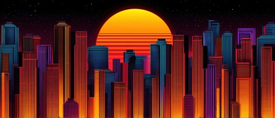Retro cityscape illustration shows a vibrant skyline against a sunset with tall buildings and a starry night sky background in a digital style.