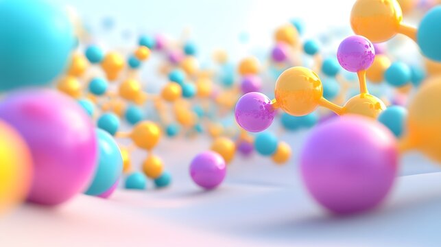 Abstract pastel molecule structure with pink, yellow, and blue spheres background